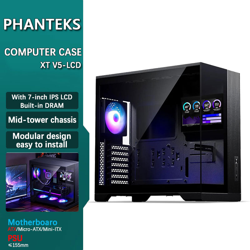 Mini Itx Case Water Cooling Support - Phanteks XT V5-LCD ATXコンピューターケース、7インチIPSガラス窓、DRAM 360水冷対応、ゲーミングPC用7ファンスロット搭載